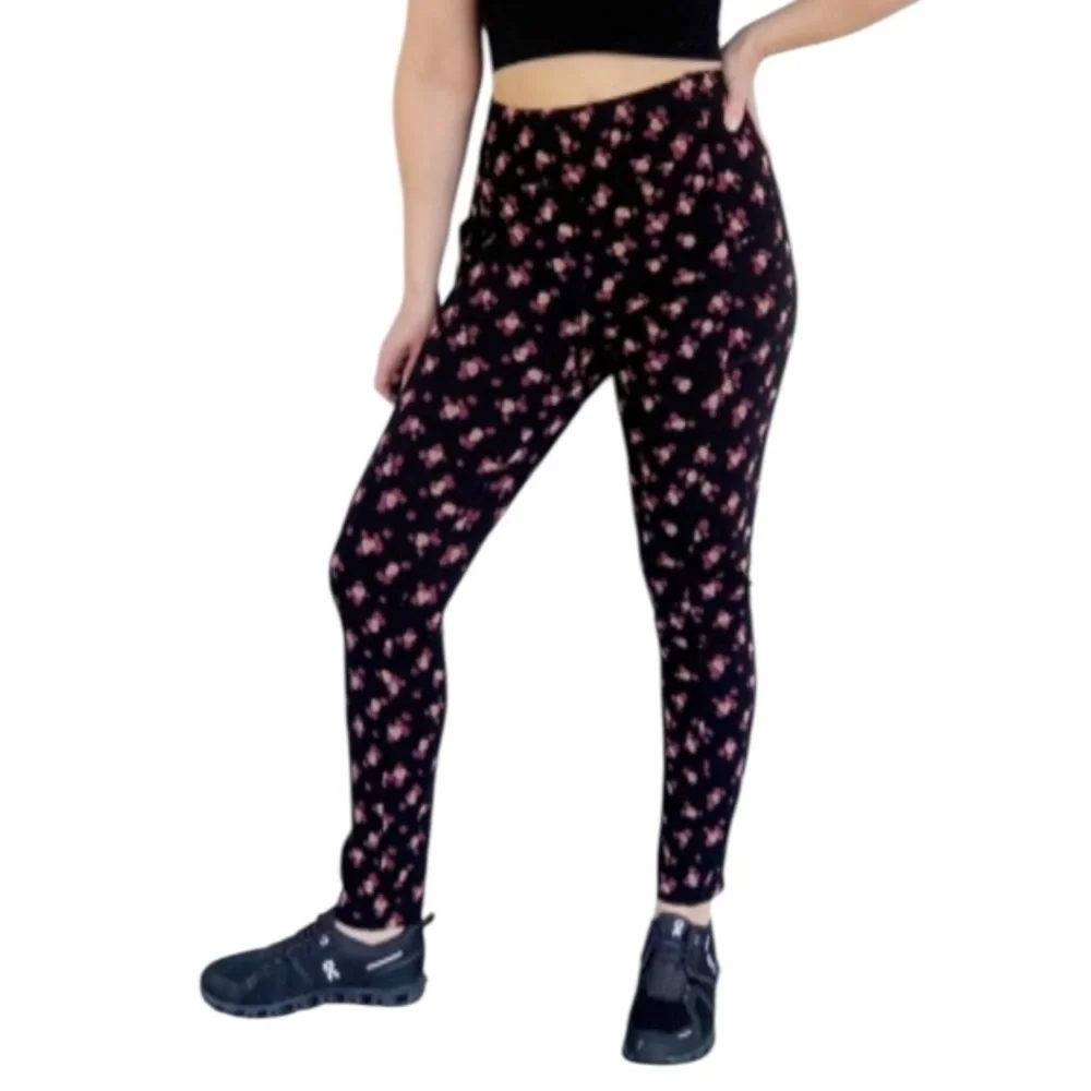 CAbi black pink high rise abstract floral stretch pocket leggings size medium